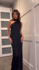 Simple Black Prom Dress Long Formal Dress for Wedding Guests Backless