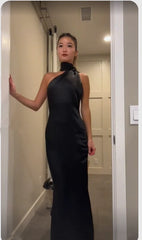 Simple Black Prom Dress Long Formal Dress for Wedding Guests Backless