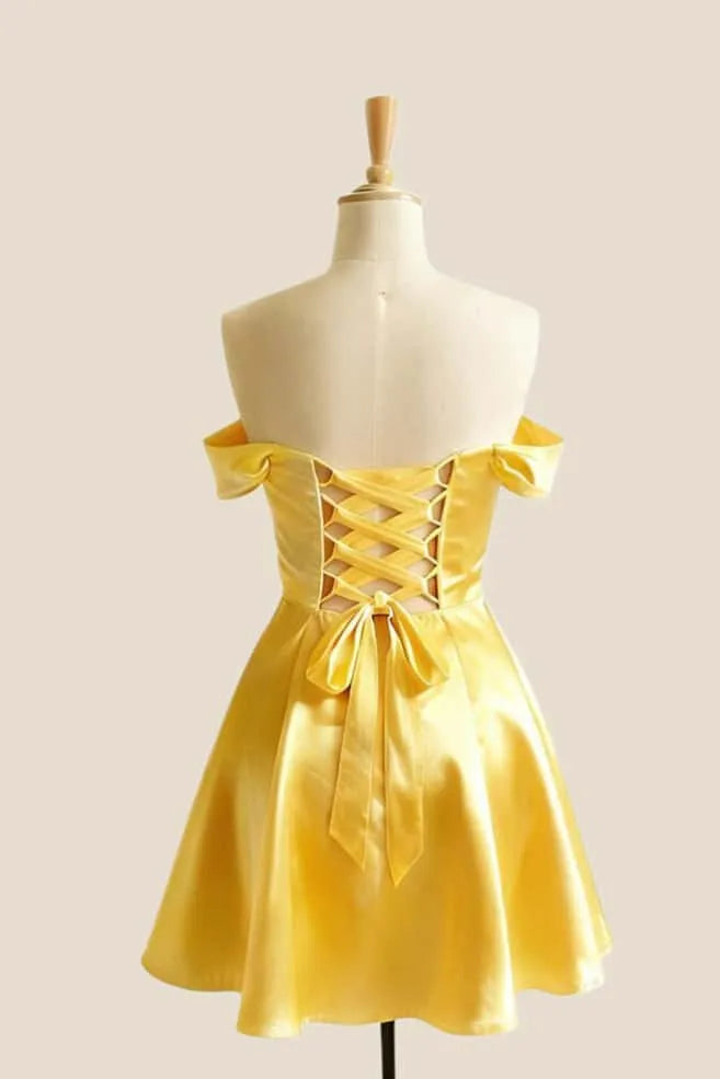 Simple Butter Yellow Hoco Dress A-line Short Dama Dress Off-Shoulder