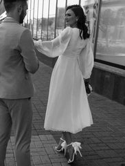 Simple Chiffon White Reception Wedding Dress Ankle Length Long Sleeve