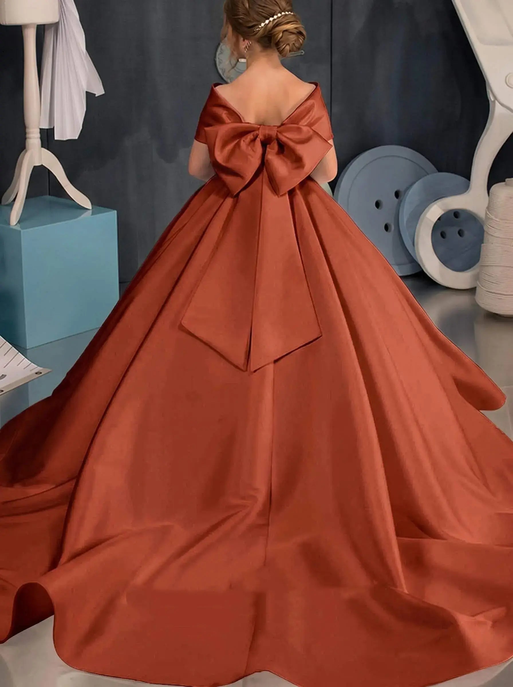 Simple off-the-shoulder Satin Beach Flower Girl Dresses With Bow