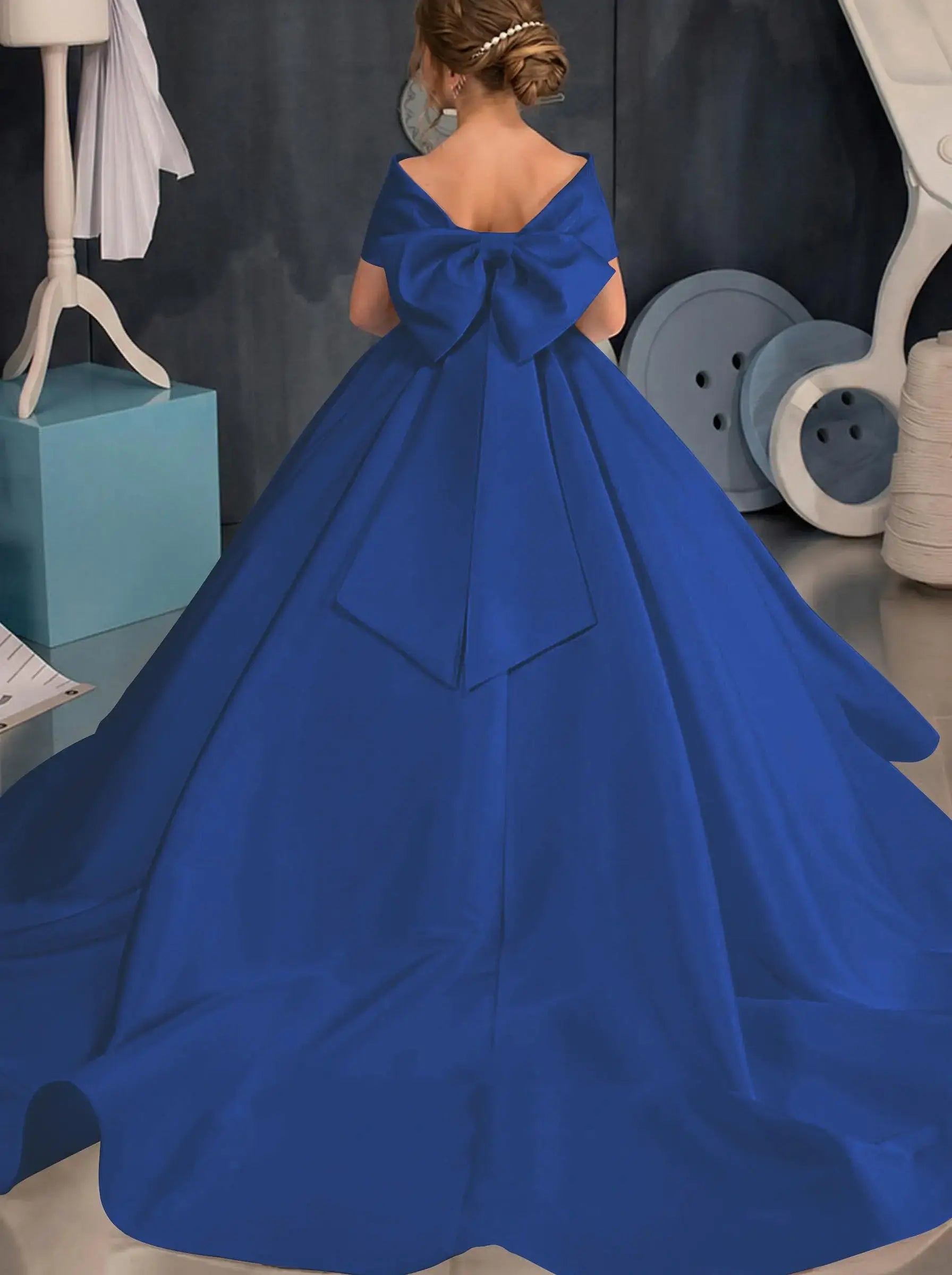 Simple off-the-shoulder Satin Beach Flower Girl Dresses With Bow
