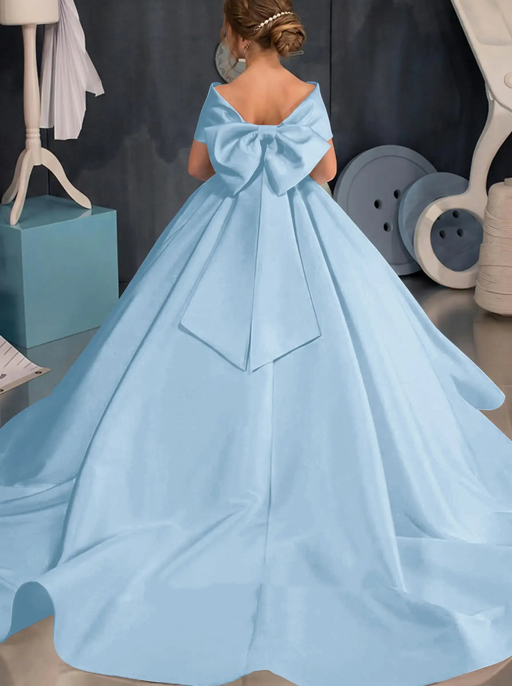 Simple off-the-shoulder Satin Beach Flower Girl Dresses With Bow