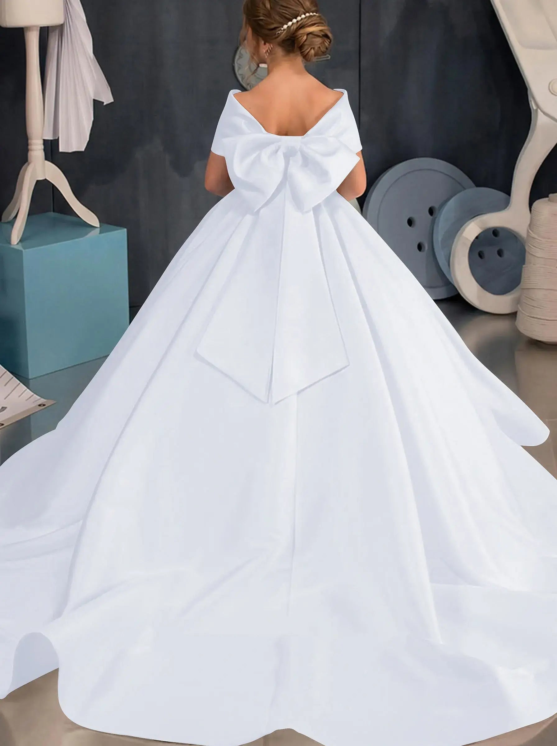 Simple off-the-shoulder Satin Beach Flower Girl Dresses With Bow