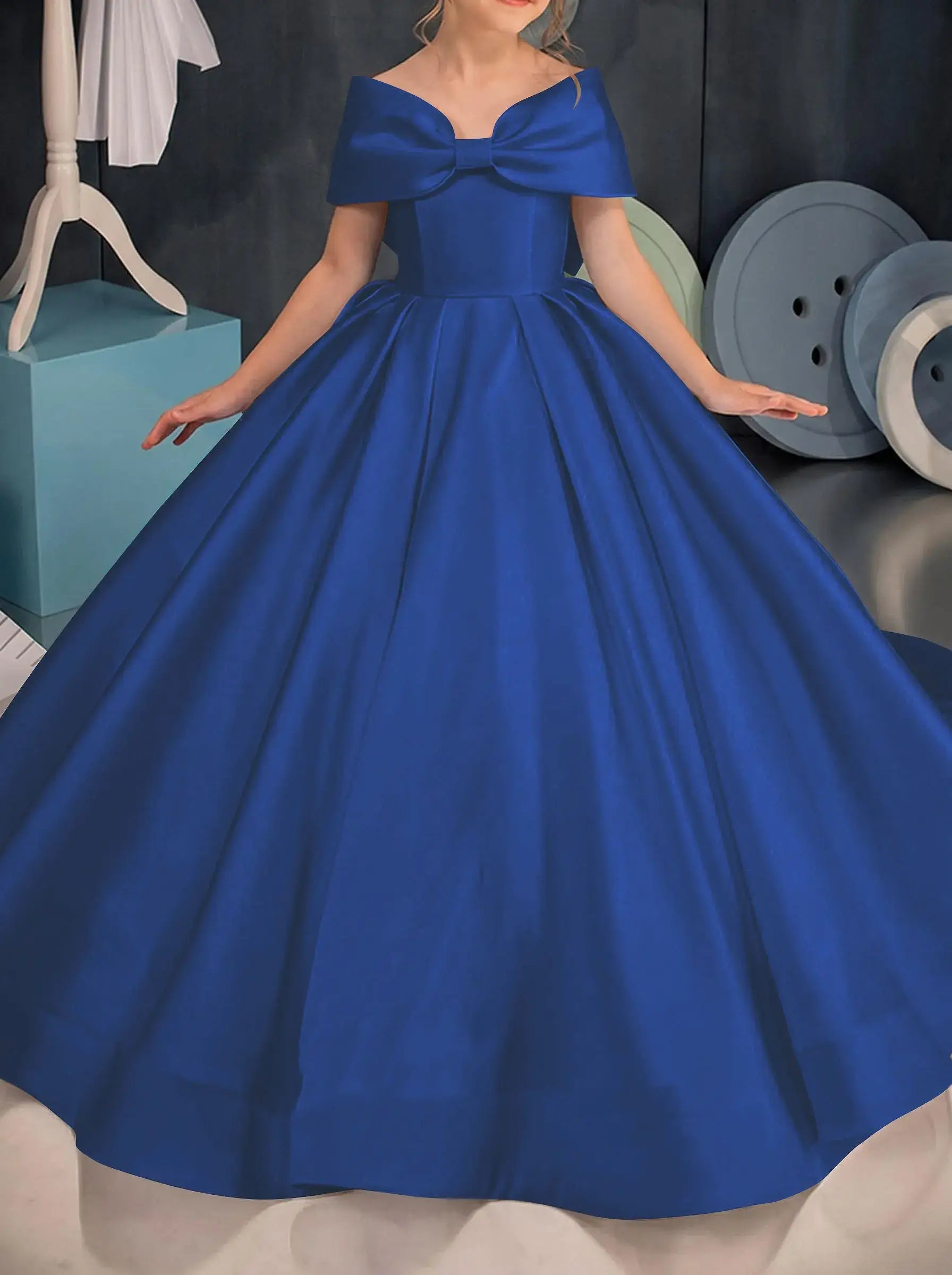 Simple off-the-shoulder Satin Beach Flower Girl Dresses With Bow