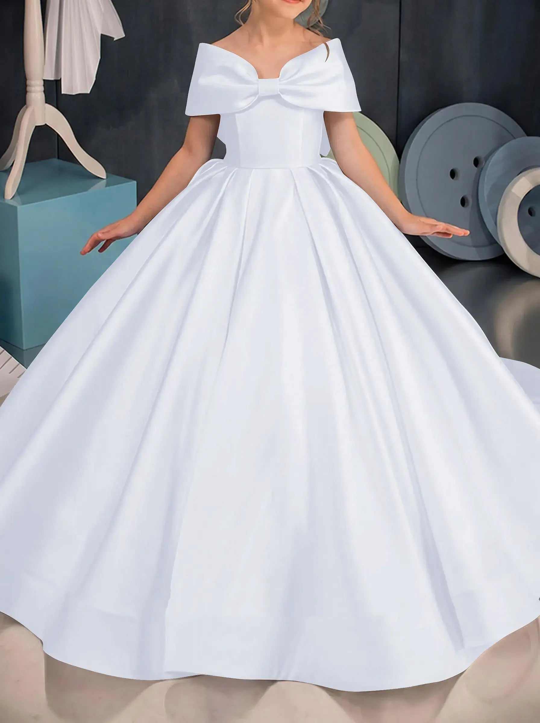 Simple off-the-shoulder Satin Beach Flower Girl Dresses With Bow