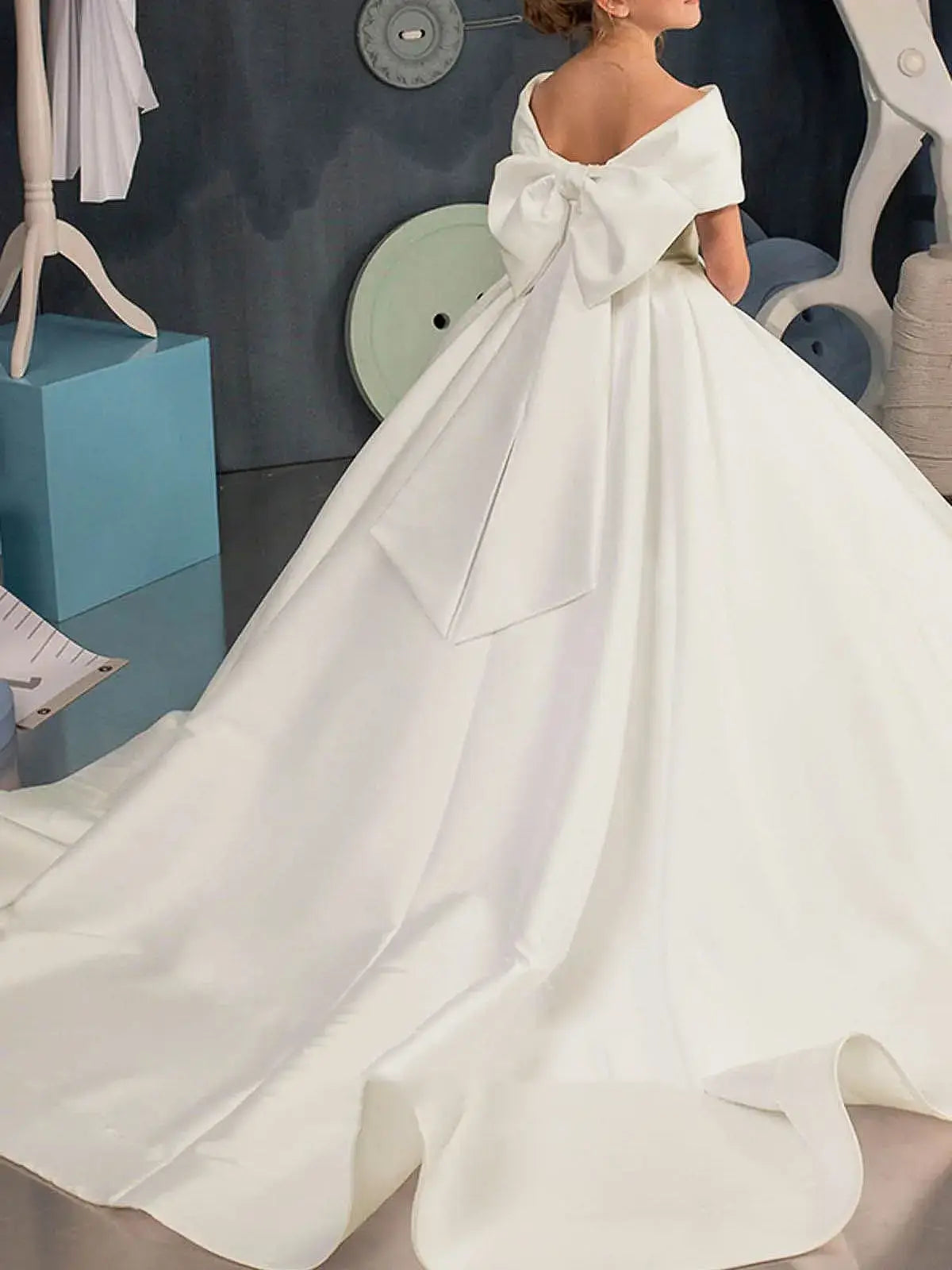 Simple off-the-shoulder Satin Beach Flower Girl Dresses With Bow
