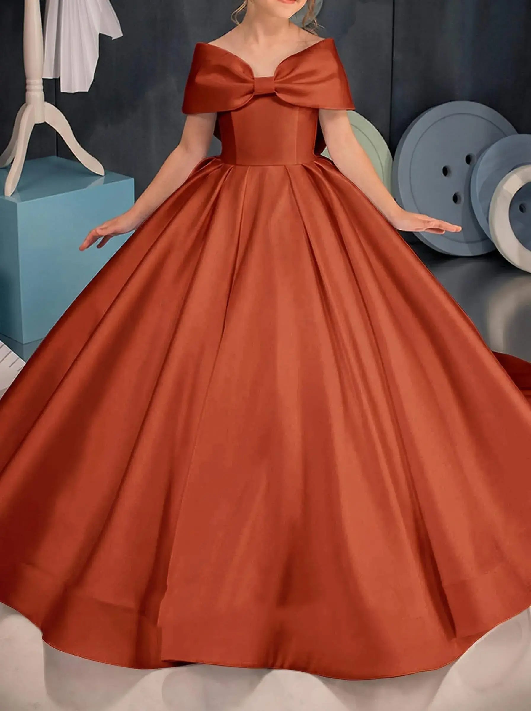 Simple off-the-shoulder Satin Beach Flower Girl Dresses With Bow