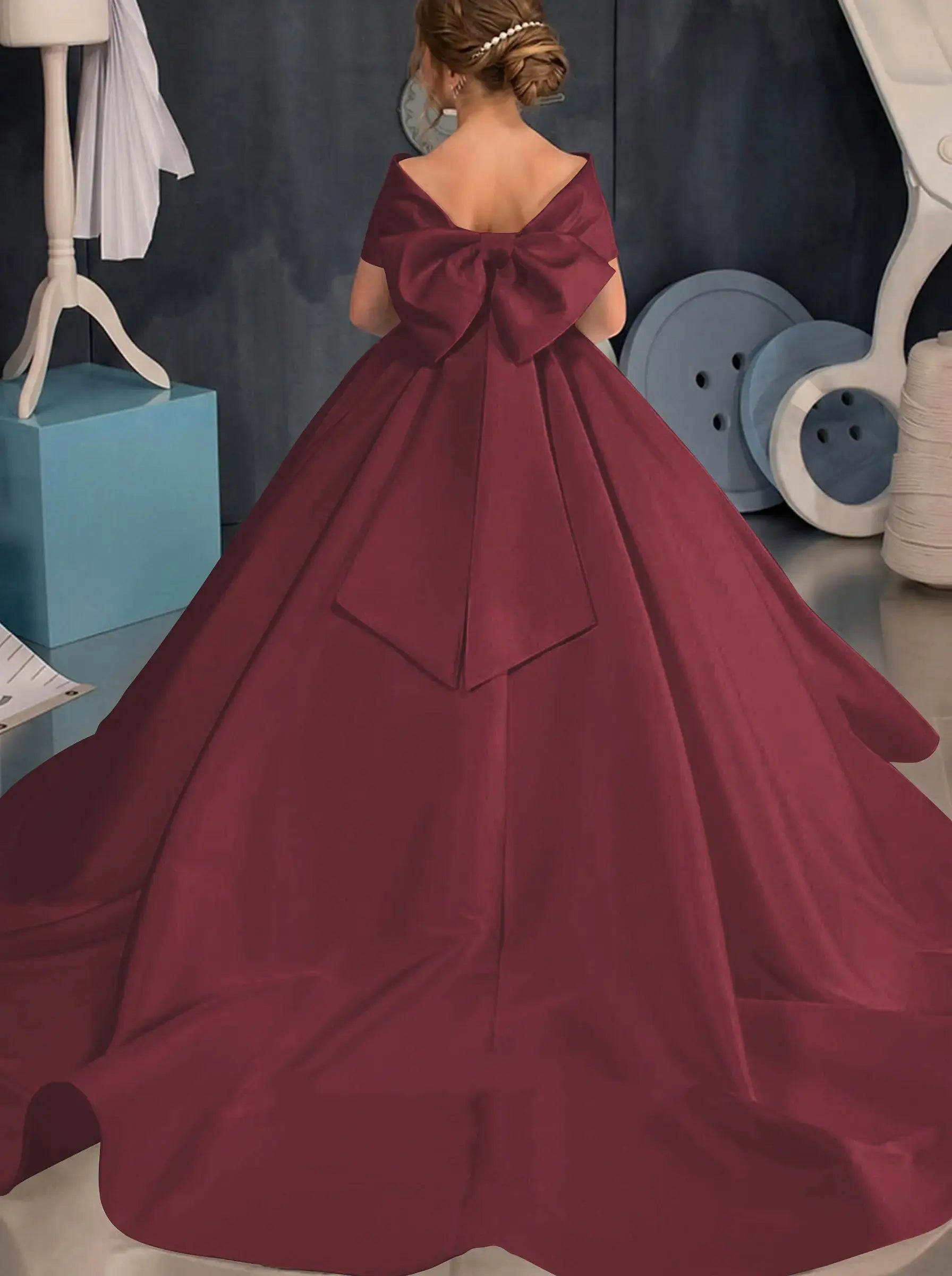 Simple off-the-shoulder Satin Beach Flower Girl Dresses With Bow
