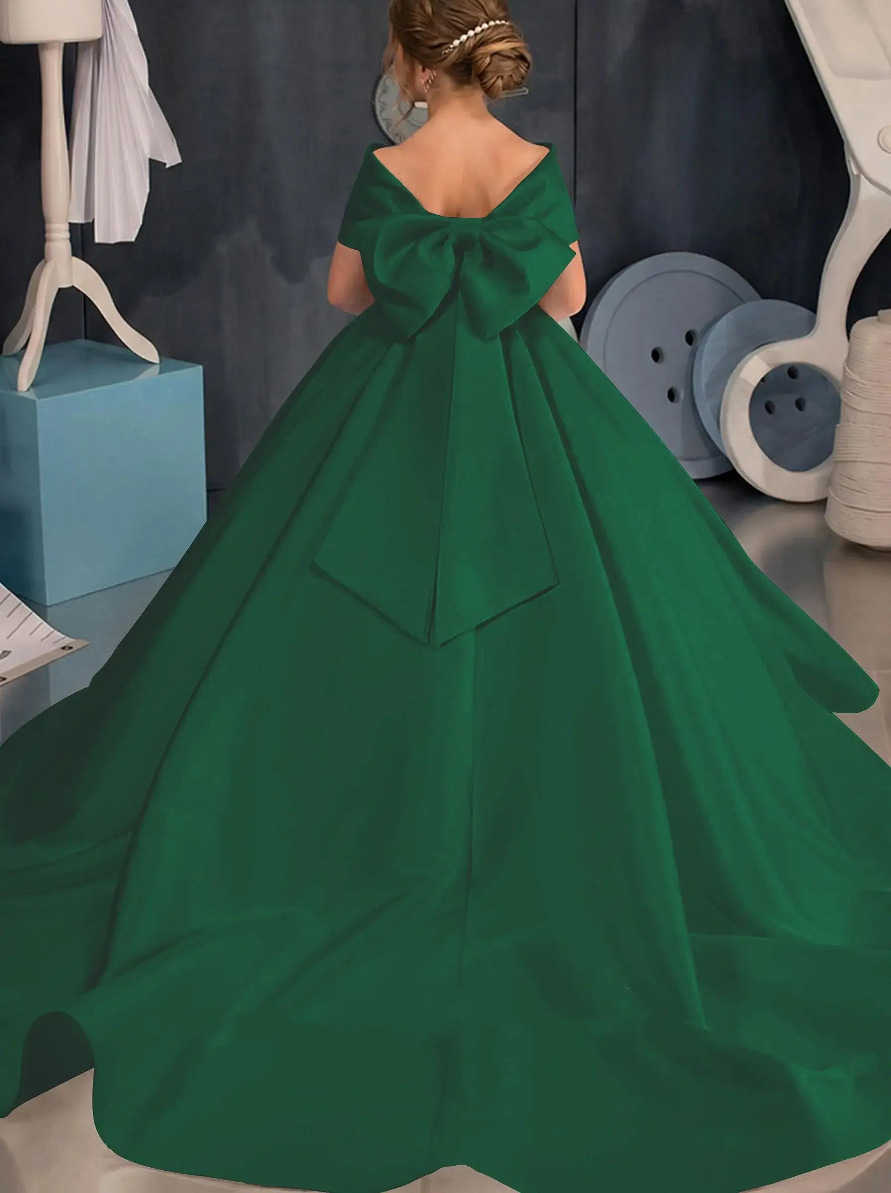 Simple off-the-shoulder Satin Beach Flower Girl Dresses With Bow