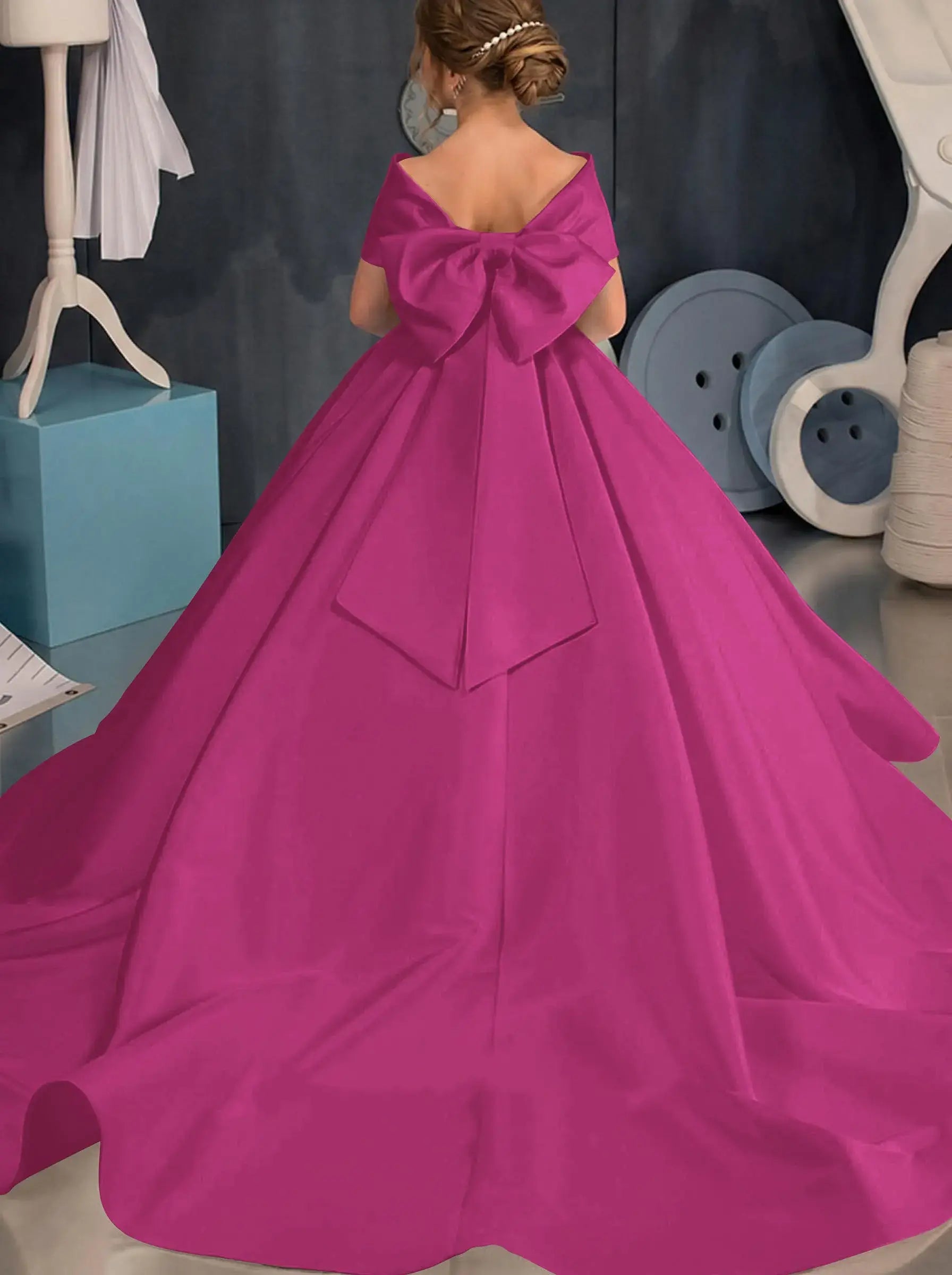 Simple off-the-shoulder Satin Beach Flower Girl Dresses With Bow