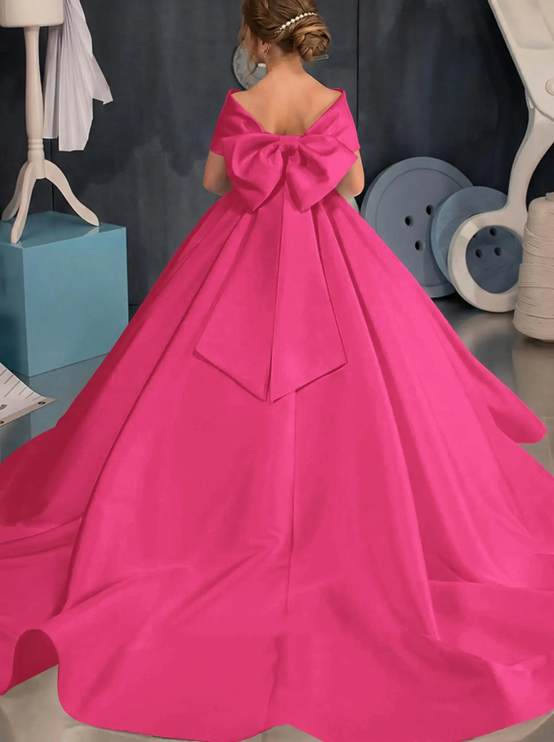 Simple off-the-shoulder Satin Beach Flower Girl Dresses With Bow