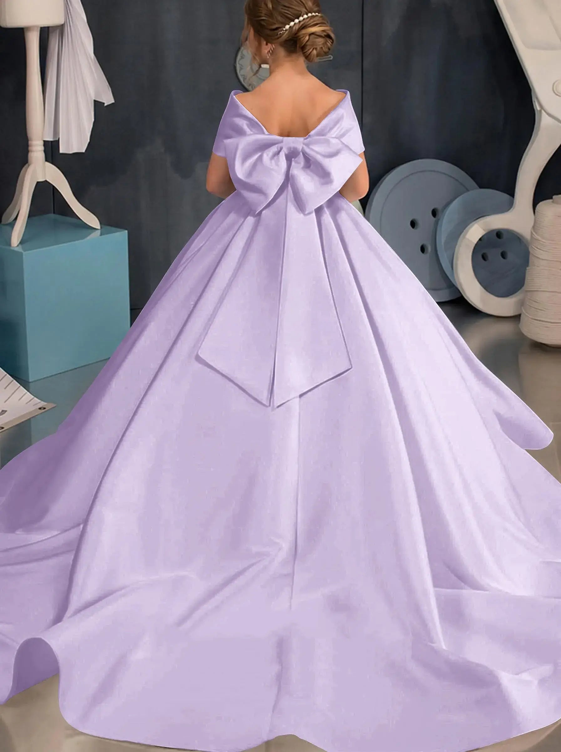 Simple off-the-shoulder Satin Beach Flower Girl Dresses With Bow
