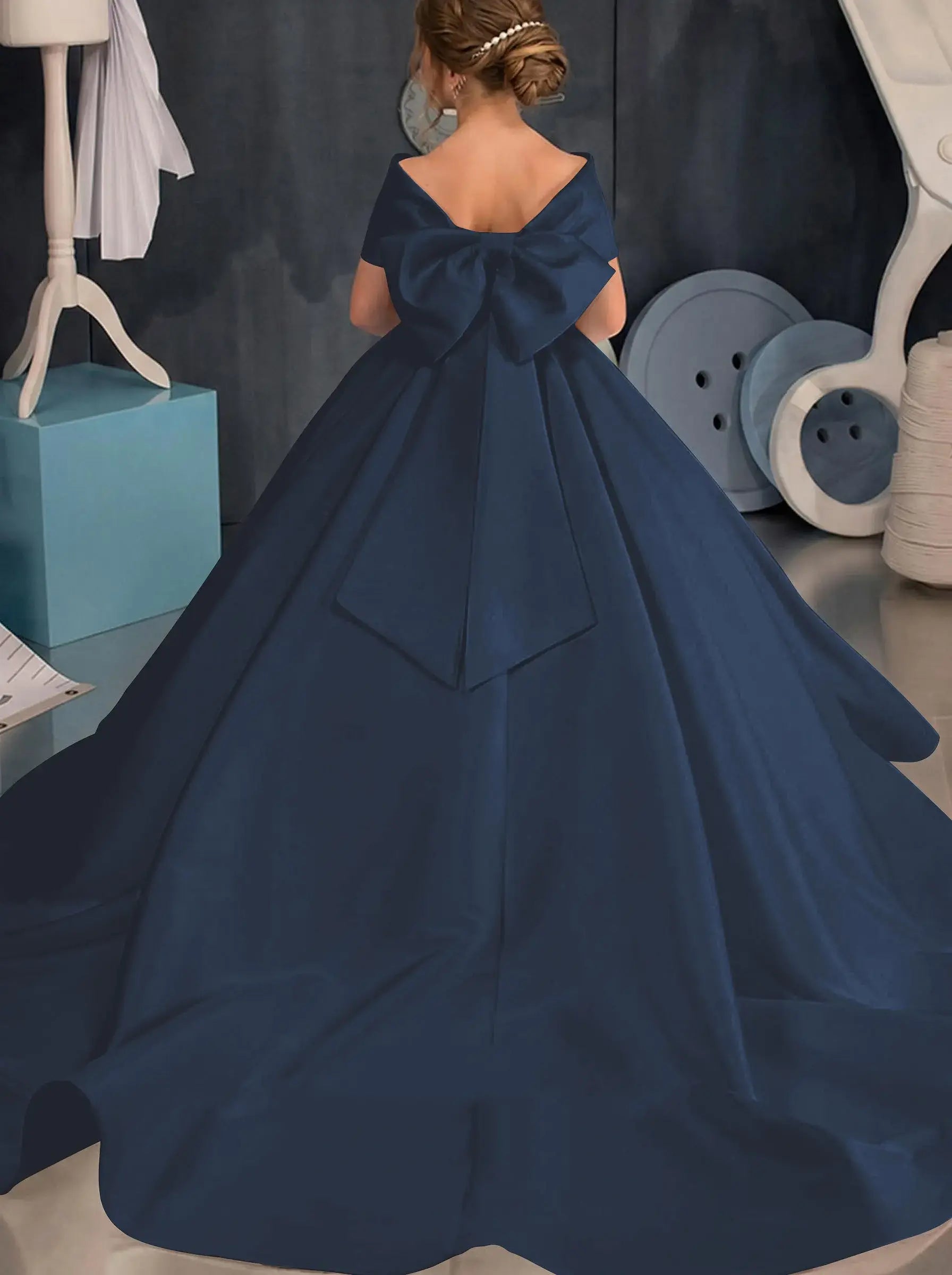 Simple off-the-shoulder Satin Beach Flower Girl Dresses With Bow