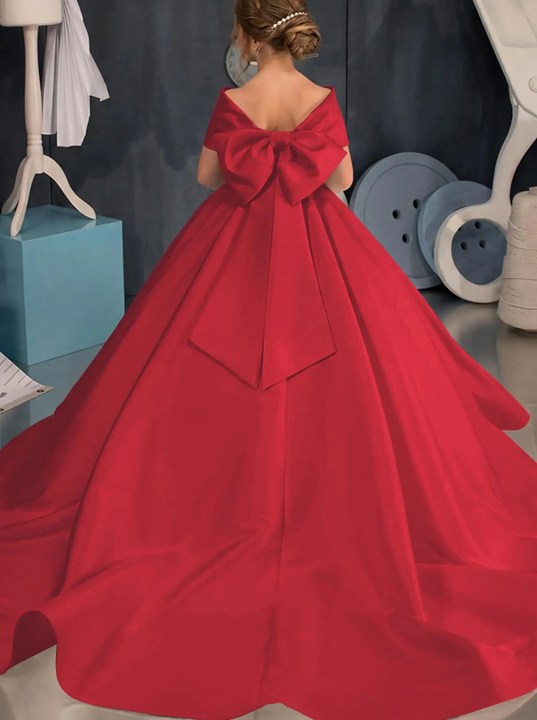Simple off-the-shoulder Satin Beach Flower Girl Dresses With Bow