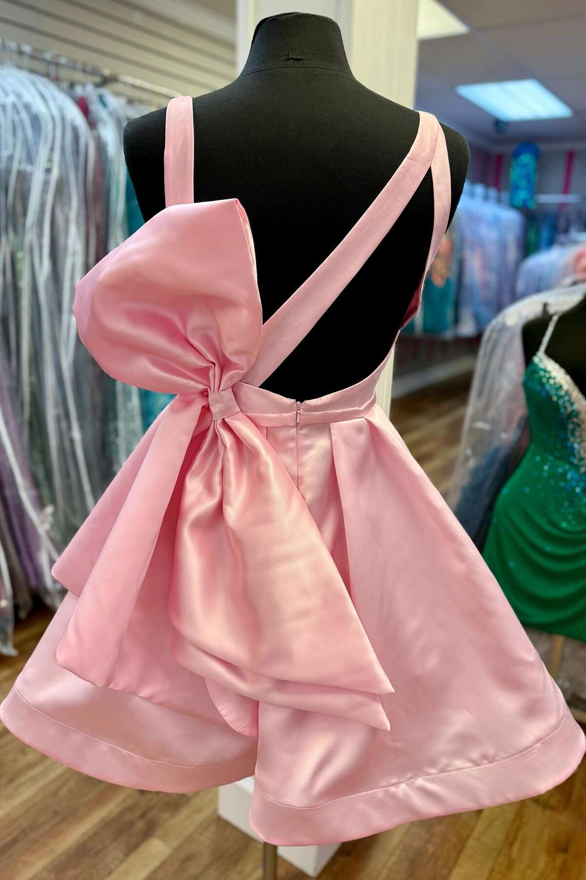 Simple Pink Satin Homecoming Dress A Line with Bow