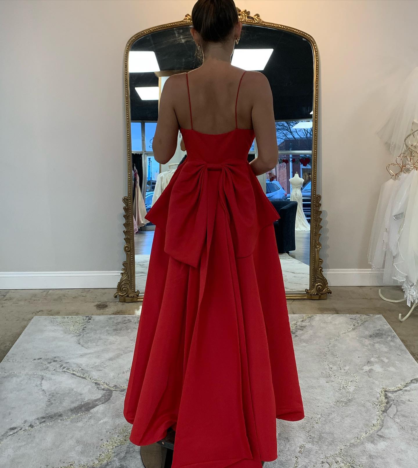Simple Red Mid Length Wedding Guest Dress V Neck with Bow Back Mychicdress