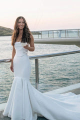 Simple Satin Wedding Dresses Cover Chest Mermaid Strapless Gown Mychicdress