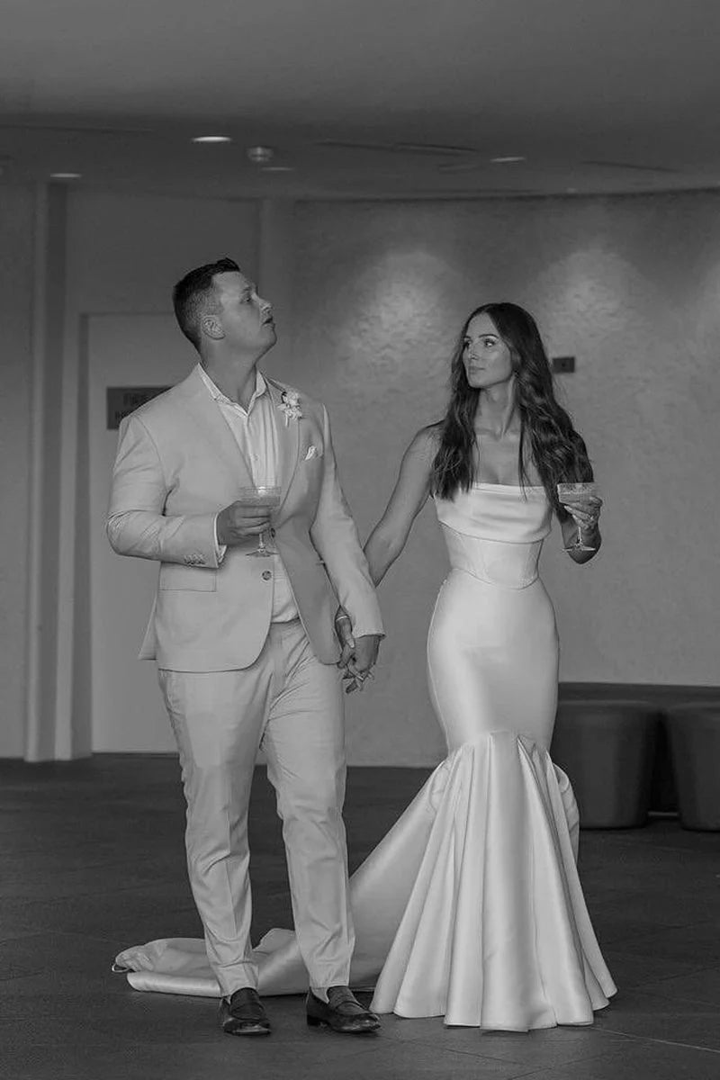 Simple Satin Wedding Dresses Cover Chest Mermaid Strapless Gown Mychicdress