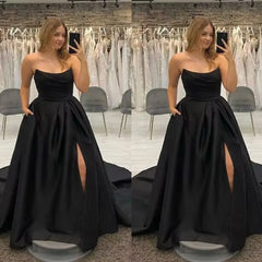 Simple Strapless Black Wedding Dresses Gothic Satin with Slit
