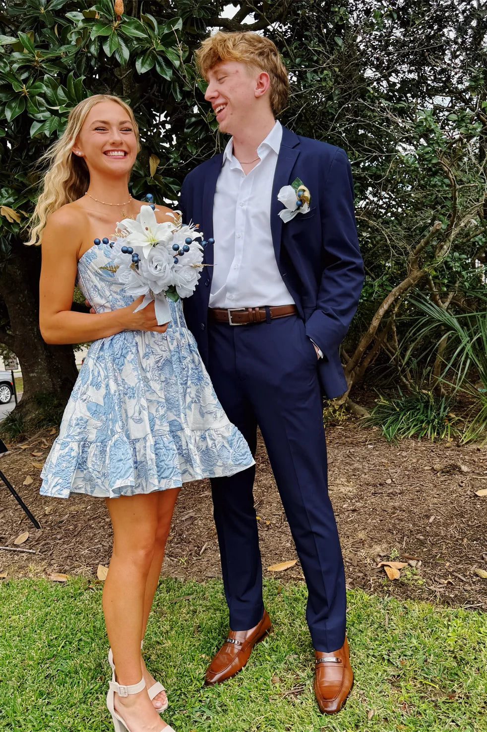 Simple Strapless Floral Printed Blue Homecoming Dress Mini Mychicdress