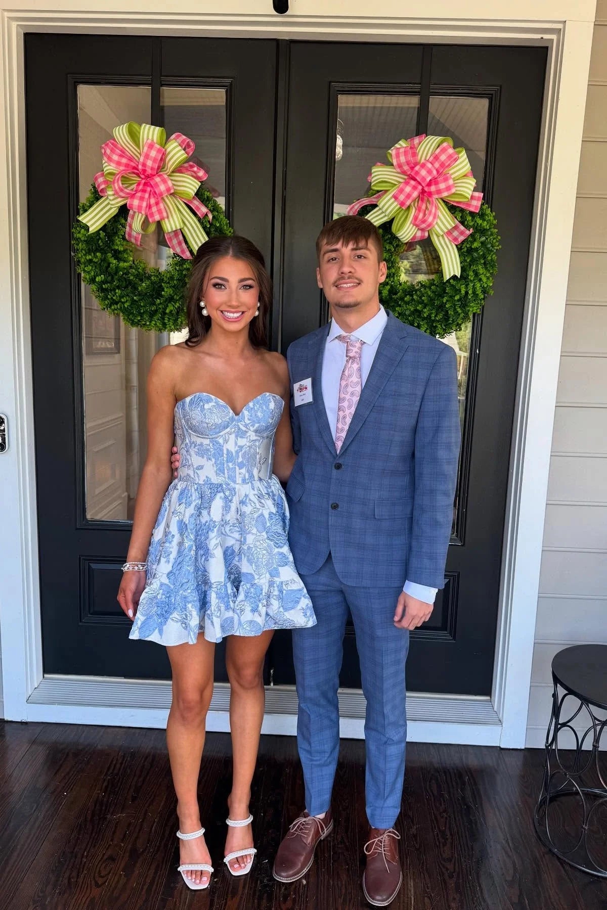 Cute Printed Mini blue Homecoming Dress Strapless Floral Dress