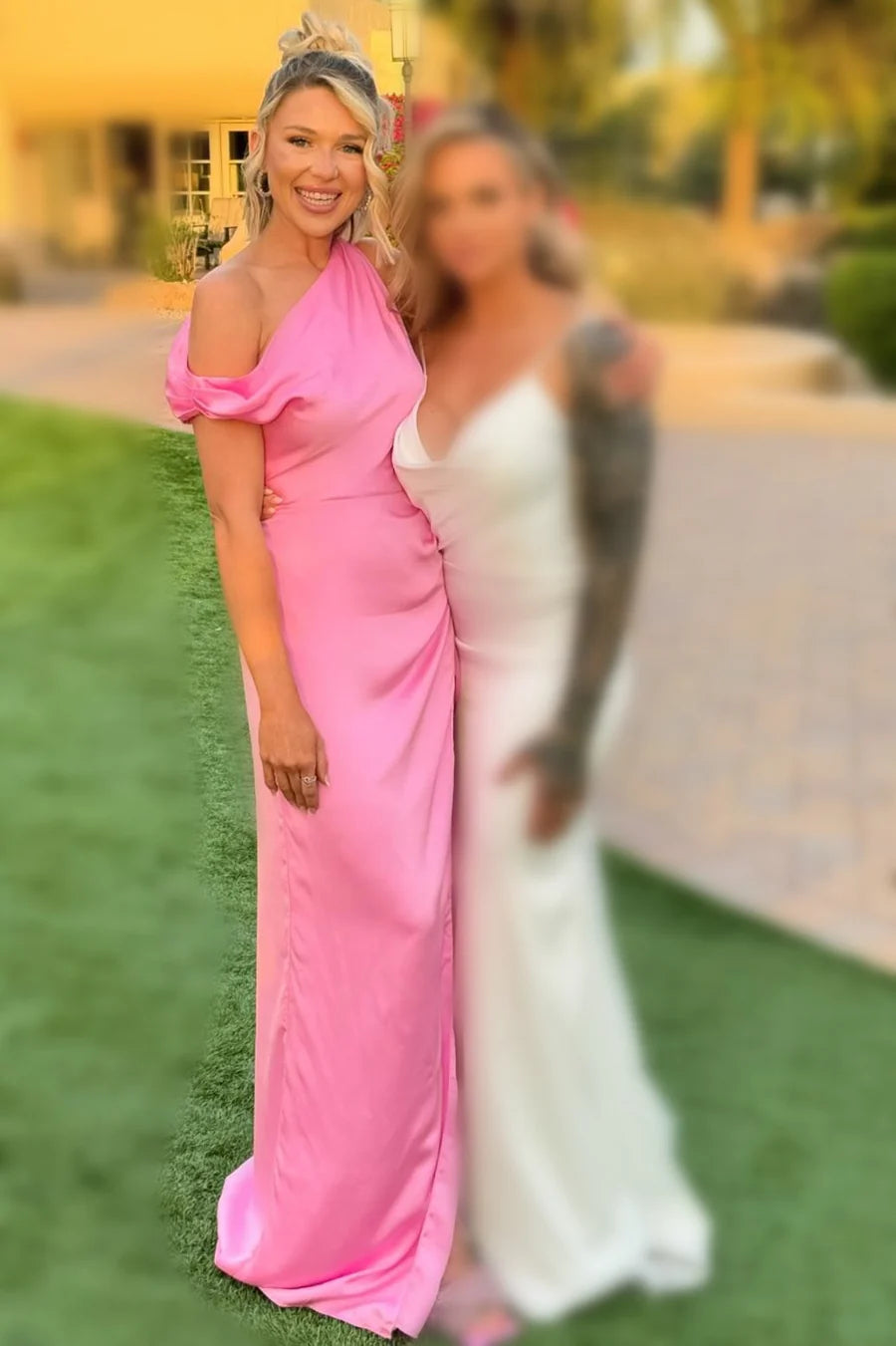 Simple Summer Bridesmaid Dress Pink Asymmetrical Maxi Dress with Slit