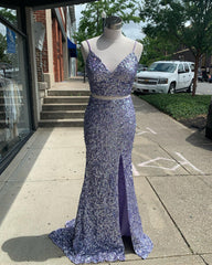 Simple Two Piece Sequins Prom Dress Red Mermaid