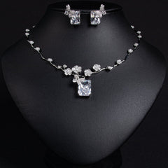 Simple Versatile Fashion Square Zircon Ruby Necklace Earrings Set