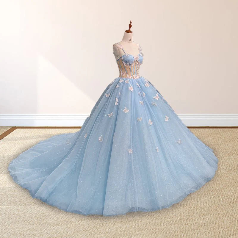 Sky Blue Quinceanera Dresses with 3D Butterfly Beading Appliques Mychicdress