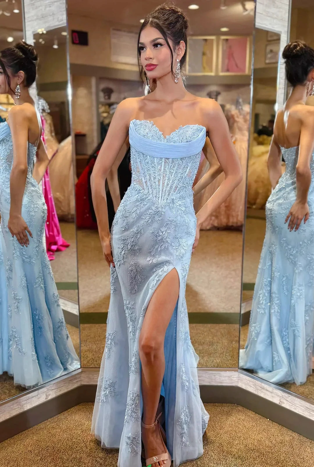Sky Blue Strapless Corset Lace Prom Dress Sheath Sweetheart Appliques