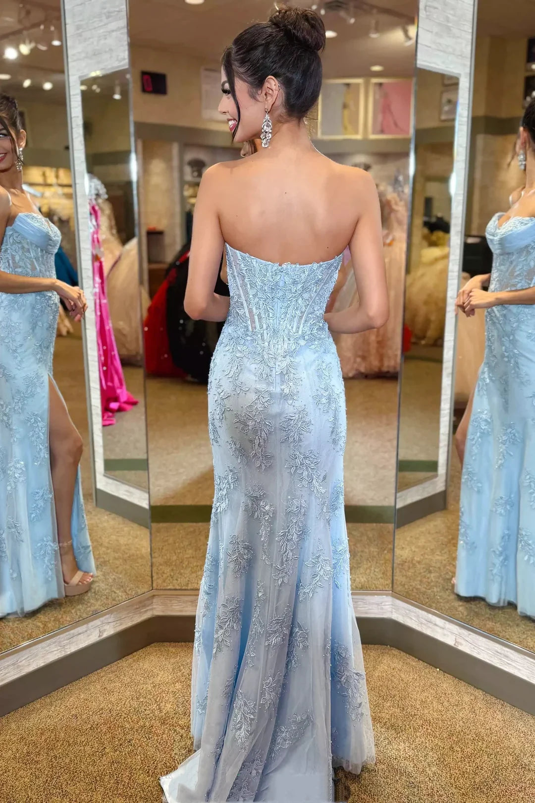 Sky Blue Strapless Corset Lace Prom Dress Sheath Sweetheart Appliques