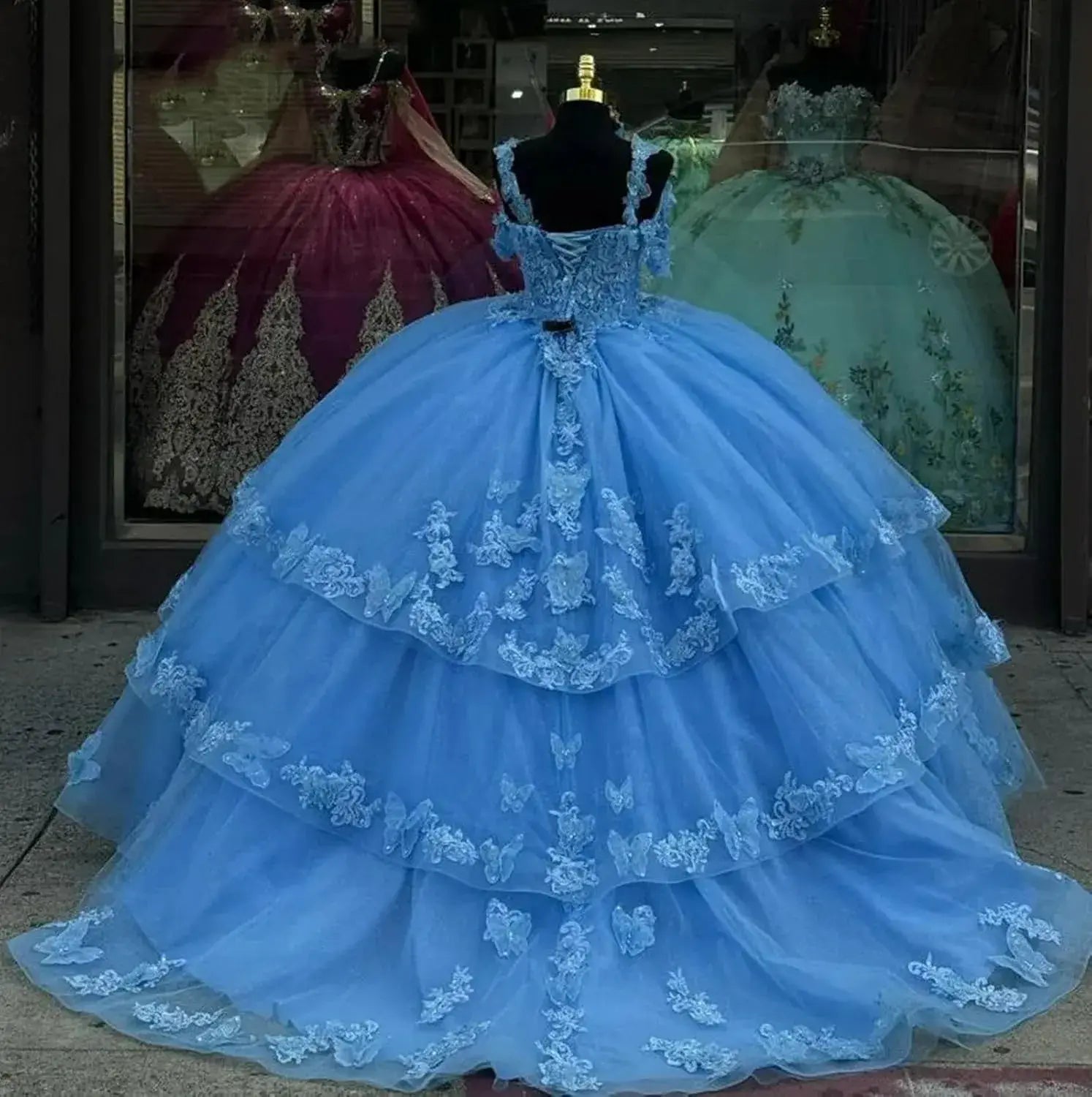 Sky Blue Sweetheart Butterfly Quinceanera Dresses Multi-Layer Sweet 16