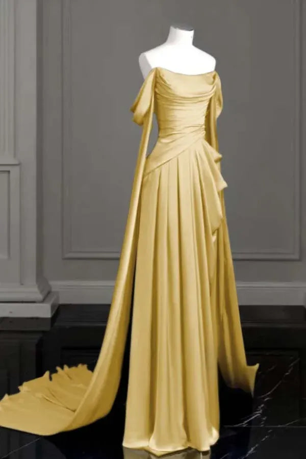 Gold evening gown Sleeveless Long Formal Dress for Wedding Guests Off the Shoulder