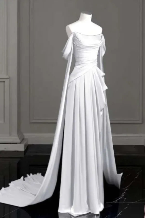 White evening gown Sleeveless Long Formal Dress for Wedding Guests Off the Shoulder