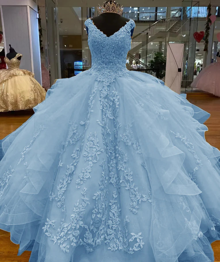 Sleeveless Straps blue Lace Quinceanera Dress Appliques Beaded