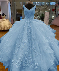 Sleeveless Straps blue Lace Quinceanera Dress Appliques Beaded