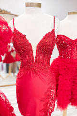 Spaghetti Straps Red Hocog Dress Bodycon Short with Beaded