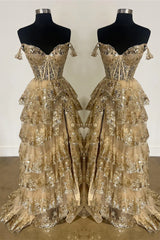 Plus Size Tiered Gold Prom Dress Ruffles Off the Shoulder Sequin Lace - MyChicDress