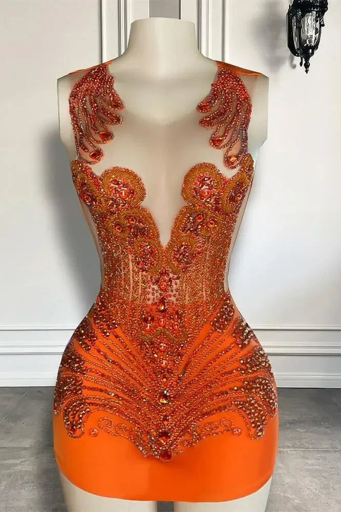 Sparkling Burnt Orange Sequined Mini Hoco Dress with Rhinestones