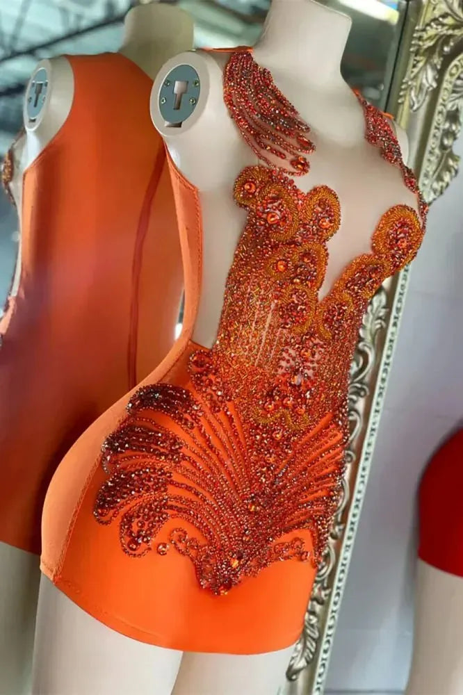 Sparkling Burnt Orange Sequined Mini Hoco Dress with Rhinestones