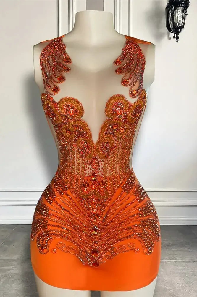 Sparkling Burnt Orange Sequined Mini Hoco Dress with Rhinestones