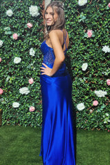 Sparkly Royal Blue Prom Dresses Sequin Satin Pleated Formal Gown