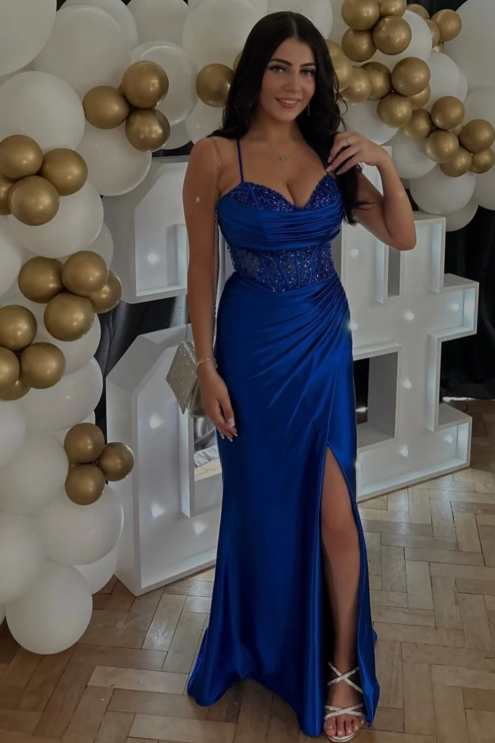Sparkly Royal Blue Prom Dresses Sequin Satin Pleated Formal Gown