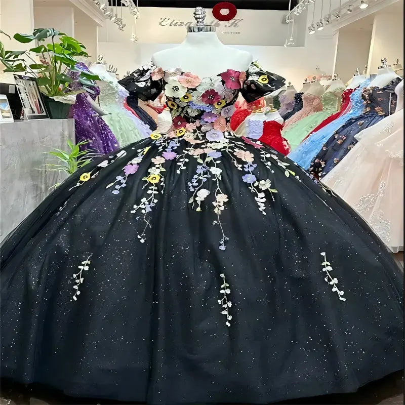 Customize Black Quinceanera Dress Floral Off the Shoulder XV 15 Dress