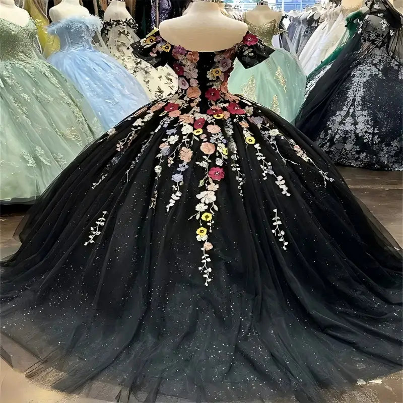 Customize Black Quinceanera Dress Floral Off the Shoulder XV 15 Dress