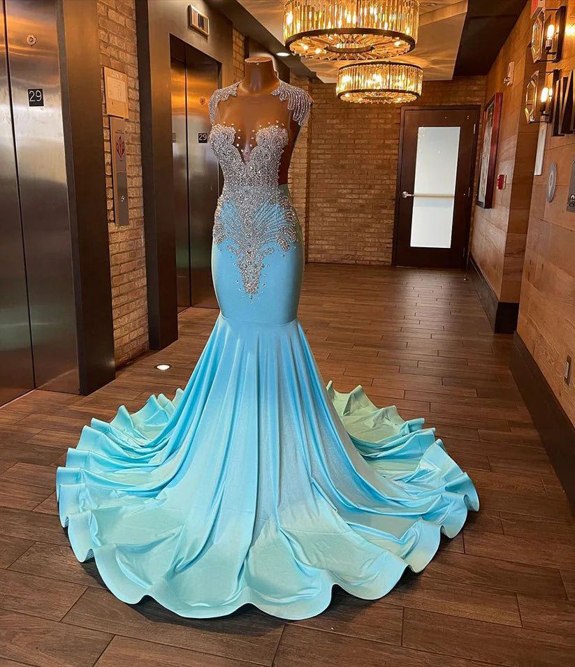 Sparkly Blue Prom Dresses Luxury Diamond for Black Girls Mychicdress