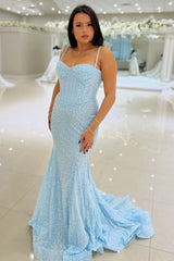 Sparkly Blue Sequins Long Evening Dresses UK Mermaid
