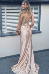 Sparkly Champagne Prom Dresses Sequin Satin Pleated Formal Gown