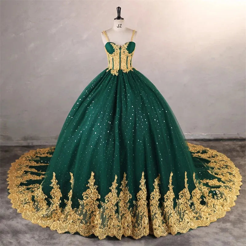 Sparkly Corset Emerald Green Quinceanera 15 Dresses Gold Appliques Ball Gown